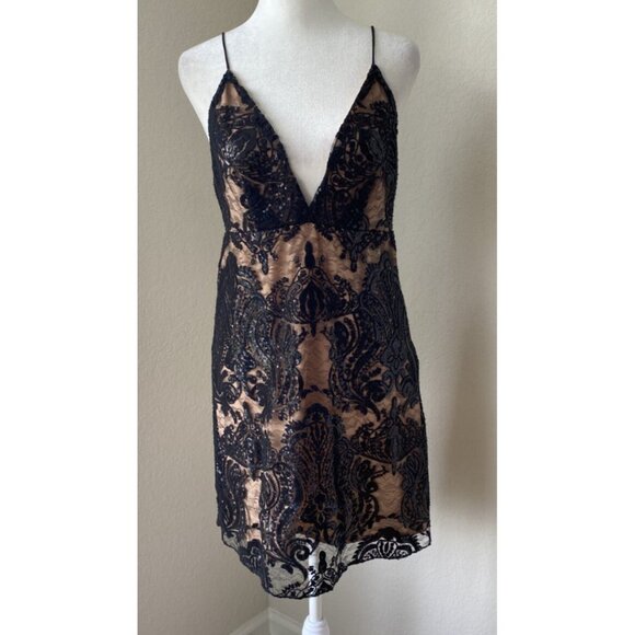 NWT Free People SZ 2 Nude w Black Lace Sequin Mini Dress Evening Party Strapless - Picture 1 of 8